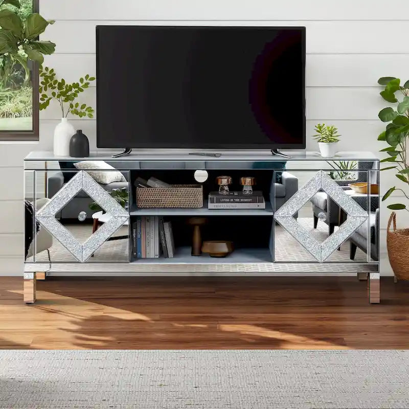 Meuble TV miroir argenté avec portes en verre effet diamant écrasé et étagères ouvertes – Convient aux téléviseurs jusqu'à 65 pouces, 60 po L