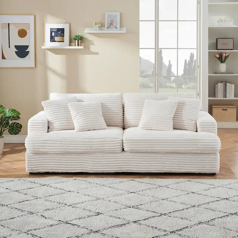 Canapé 3 places en velours côtelé blanc avec 4 coussins décoratifs et coussins à ressorts – 3 places