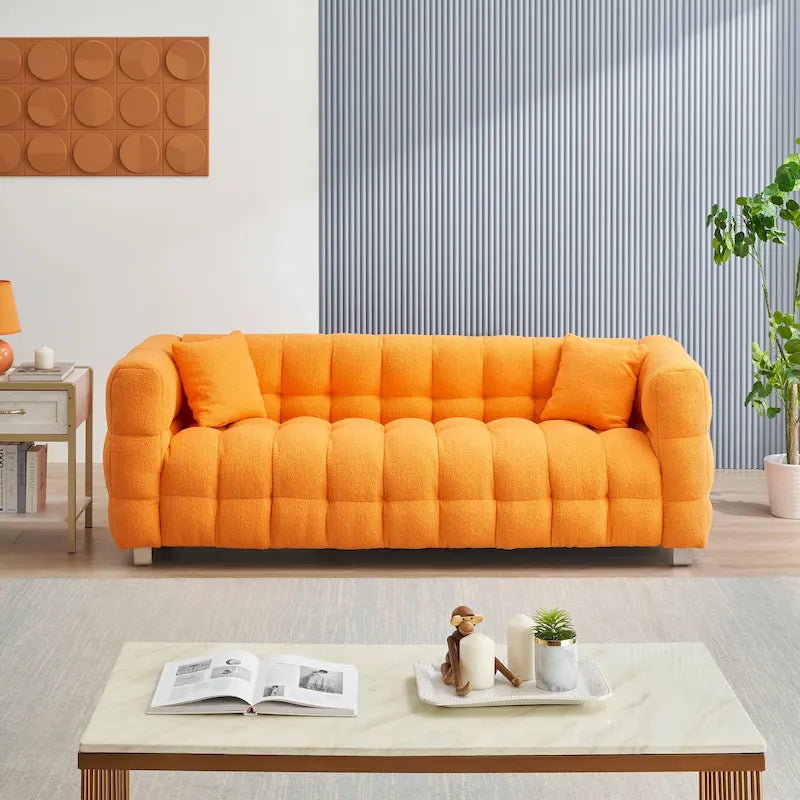 Canapé 3 places en molleton Teddy orange avec pieds en métal argenté et 2 coussins – 203 cm (80 po) L