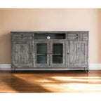 Meuble TV gris en bois de manguier massif vieilli avec rangement et gestion des câbles – 70" L