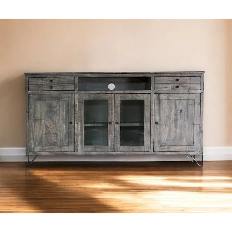 Meuble TV gris en bois de manguier massif vieilli avec rangement et gestion des câbles – 70" L