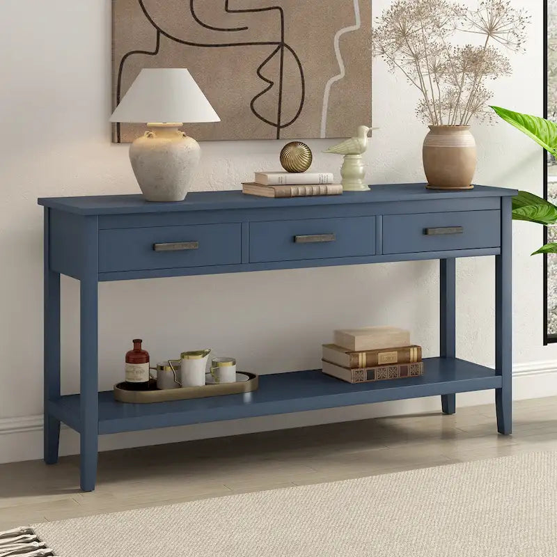 Console avec tiroir et étagère, bleu marine / gris / noir – 150 cm l