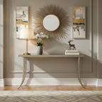 Console étroite en marbre blanc et métal noir avec pieds évasés – 35,5 cm de large