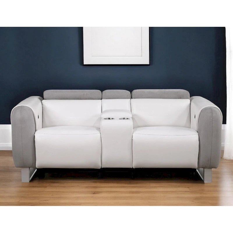 Causeuse inclinable électrique en similicuir blanc / gris et argent avec console de rangement – 2 places
