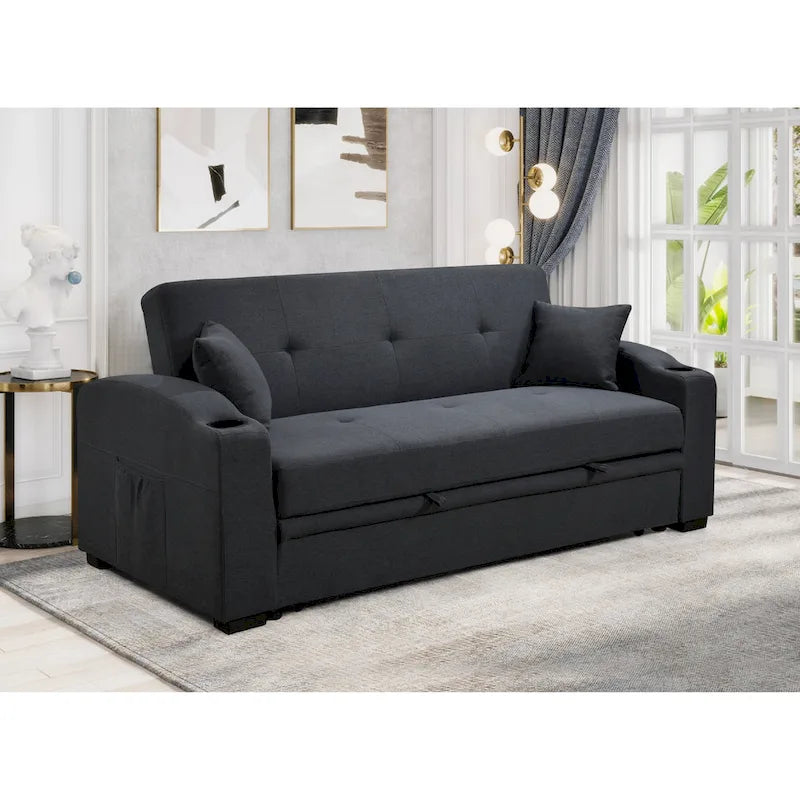 Canapé convertible 3 en 1 en velours bleu foncé/gris clair avec dossier inclinable et porte-gobelets – 2 places