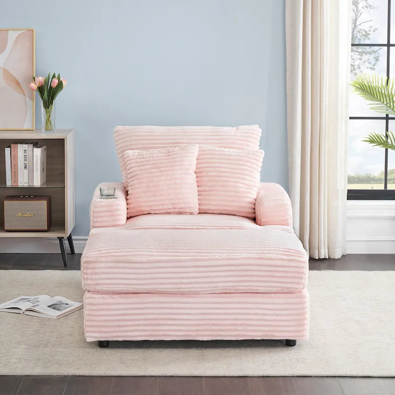 Fauteuil inclinable en velours côtelé rose avec pouf de rangement et porte-gobelets – 1 place