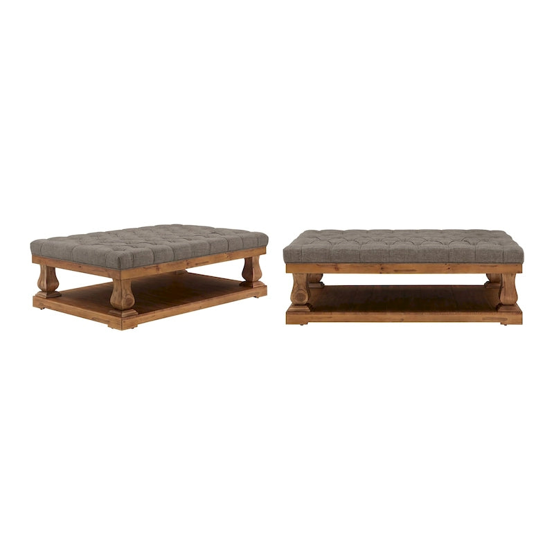 Ottoman rectangulaire en tissu gris/gris foncé avec capitonnage et étagère inférieure
