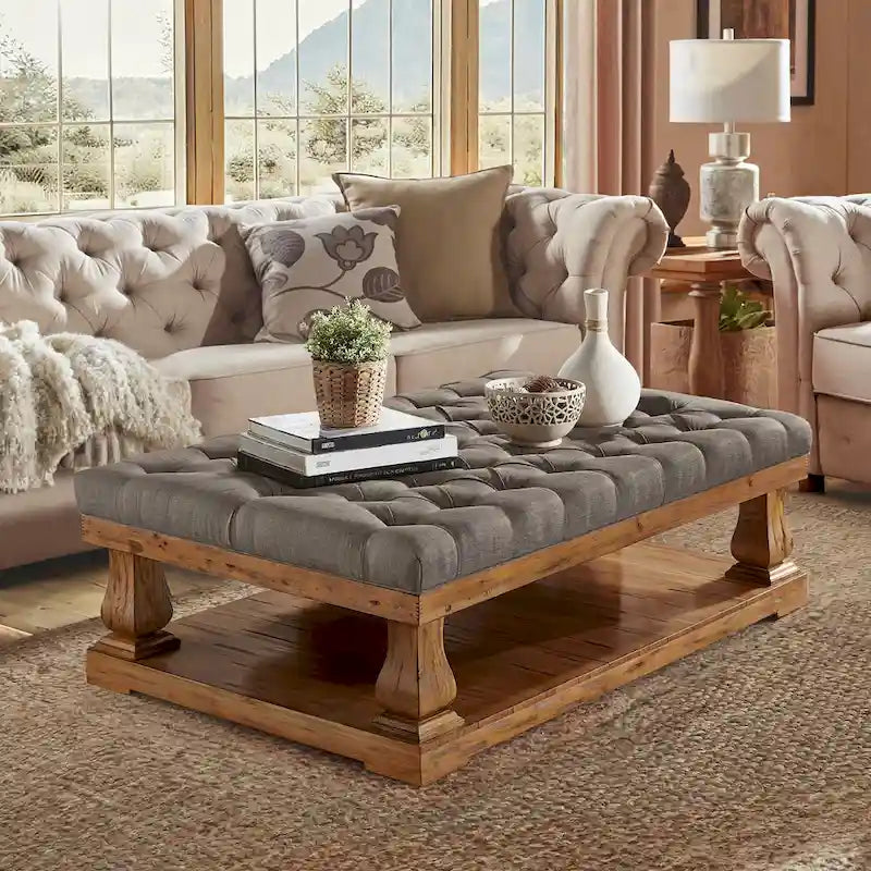 Ottoman rectangulaire en tissu gris/gris foncé avec capitonnage et étagère inférieure
