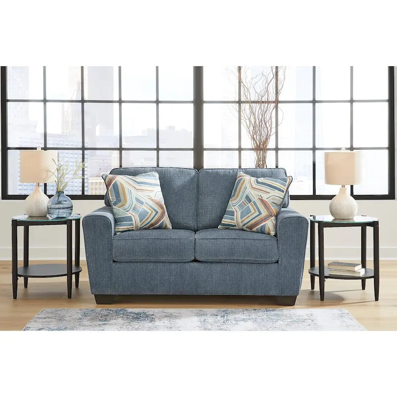 Causeuse rembourrée hachurée avec oreillers décoratifs – 2 places (blanc/bleu)