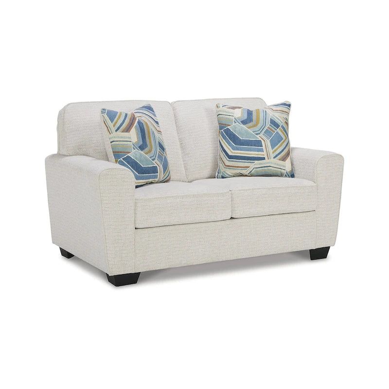Causeuse rembourrée hachurée avec oreillers décoratifs – 2 places (blanc/bleu)