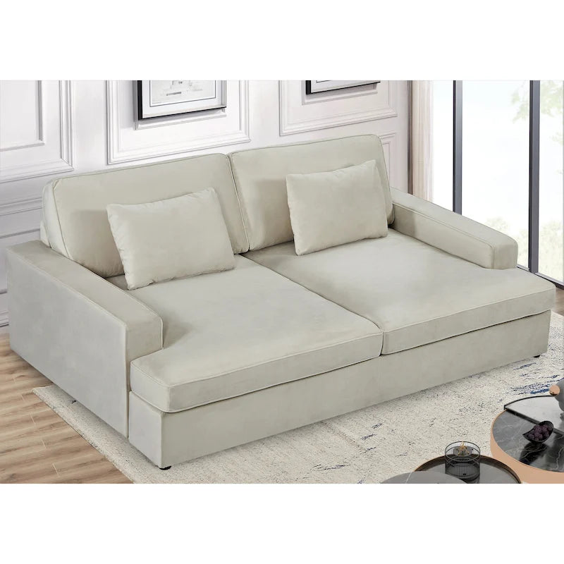 Canapé-lit en velours ivoire / gris / noir / bleu verdâtre / bleu foncé avec accoudoirs carrés – 2 places, se transforme en lit simple