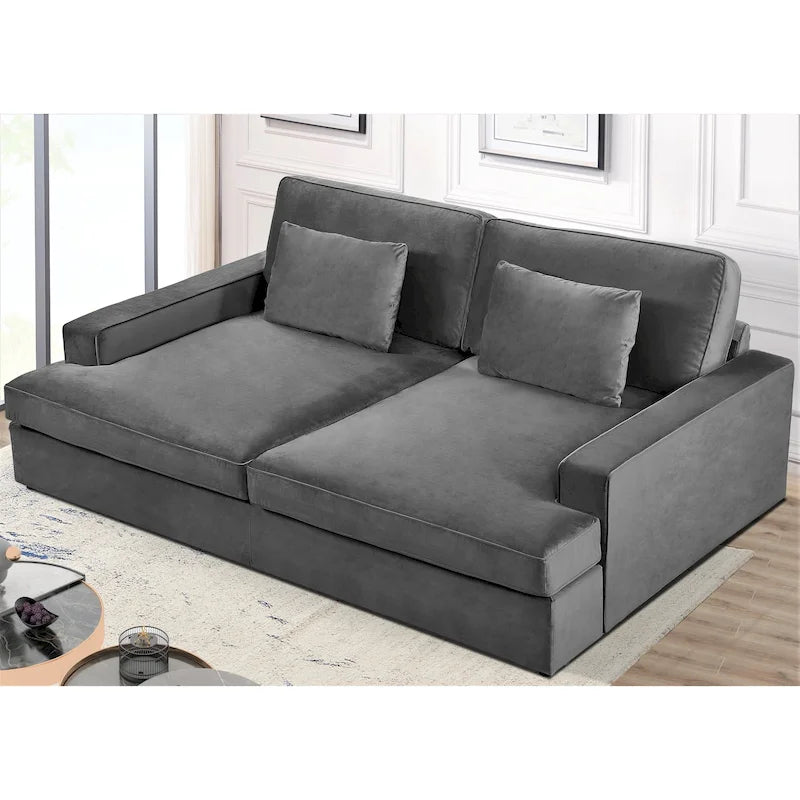 Canapé-lit en velours ivoire / gris / noir / bleu verdâtre / bleu foncé avec accoudoirs carrés – 2 places, se transforme en lit simple