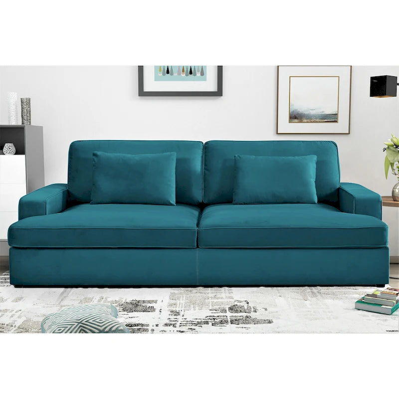 Canapé-lit en velours ivoire / gris / noir / bleu verdâtre / bleu foncé avec accoudoirs carrés – 2 places, se transforme en lit simple