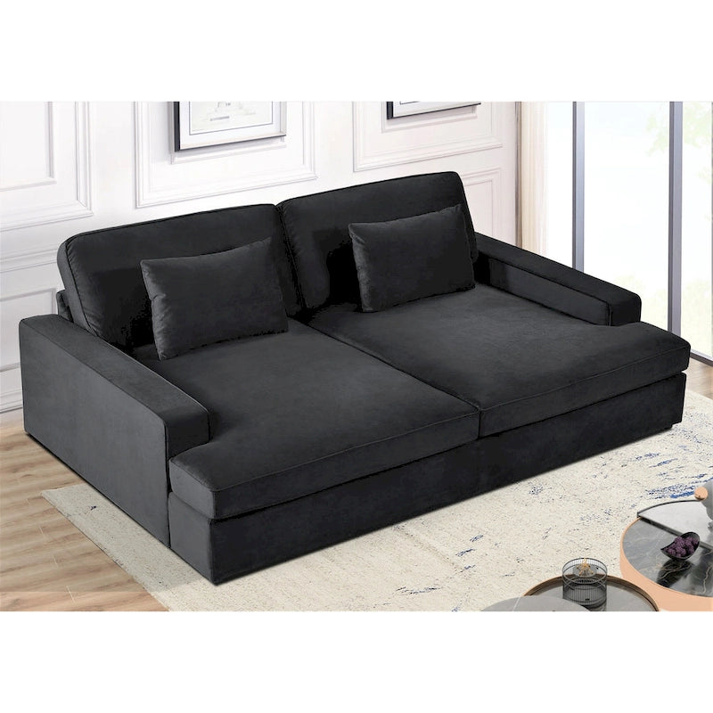 Canapé-lit en velours ivoire / gris / noir / bleu verdâtre / bleu foncé avec accoudoirs carrés – 2 places, se transforme en lit simple