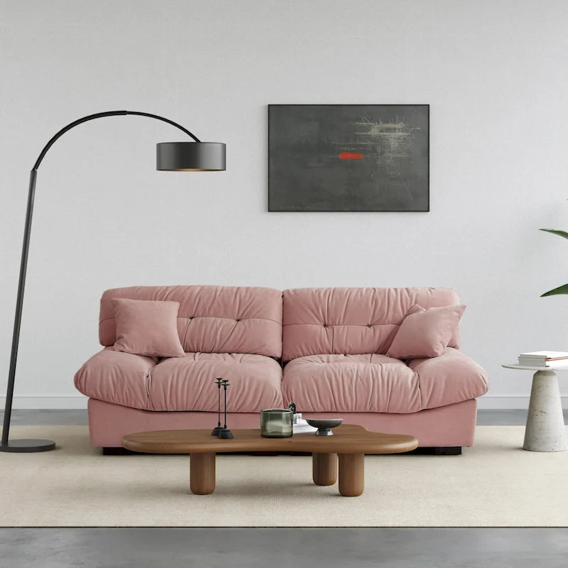 Canapé en velours rose / gris / beige de style nuage avec accoudoirs – 2-3 places, 226 cm de largeur