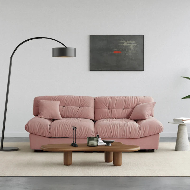 Canapé en velours rose / gris / beige de style nuage avec accoudoirs – 2-3 places, 226 cm de largeur