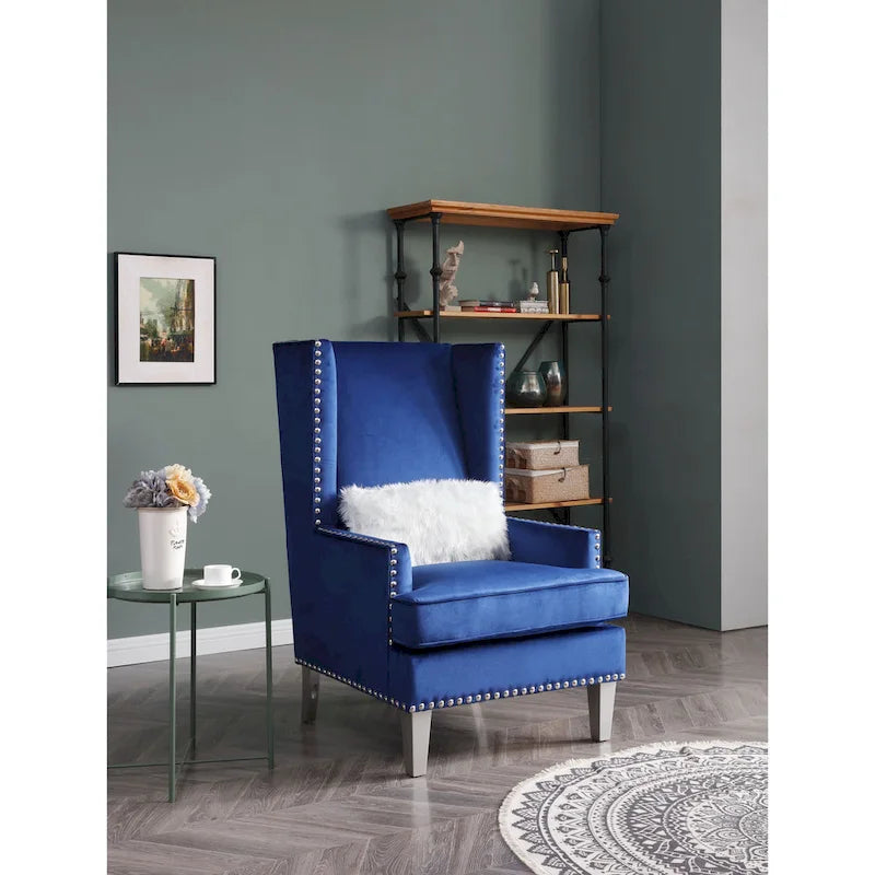 Fauteuil d'appoint dossier haut en velours rose / gris foncé / noir / bleu avec clous décoratifs – 1 place