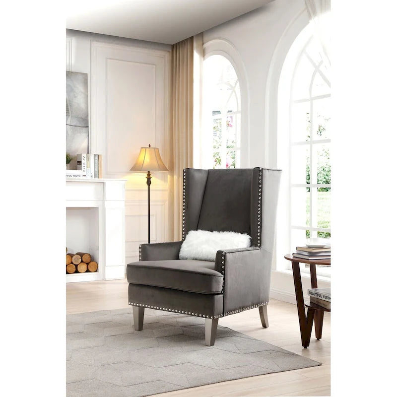 Fauteuil d'appoint dossier haut en velours rose / gris foncé / noir / bleu avec clous décoratifs – 1 place