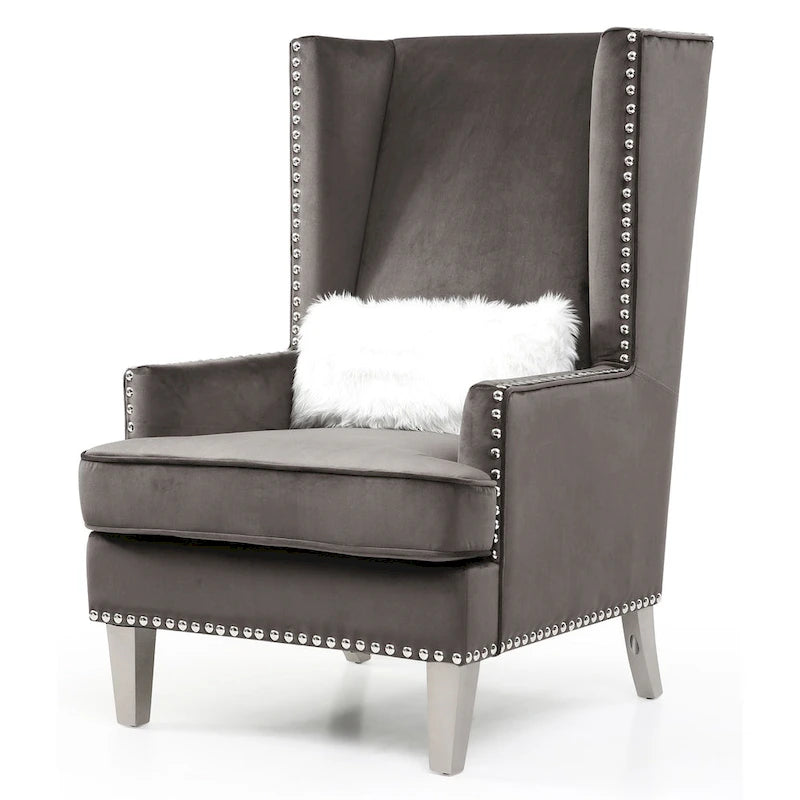Fauteuil d'appoint dossier haut en velours rose / gris foncé / noir / bleu avec clous décoratifs – 1 place