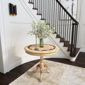 Table d'appoint piédestal ronde en bois marron foncé avec incrustation en érable et noyer