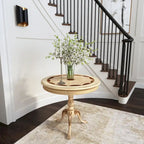 Table d'appoint piédestal ronde en bois marron foncé avec incrustation en érable et noyer