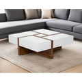 Table basse carrée laquée blanc et noyer avec 4 tiroirs à fermeture amortie – 99 cm L