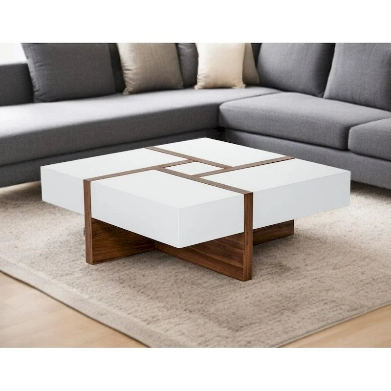 Table basse carrée laquée blanc et noyer avec 4 tiroirs à fermeture amortie – 99 cm L