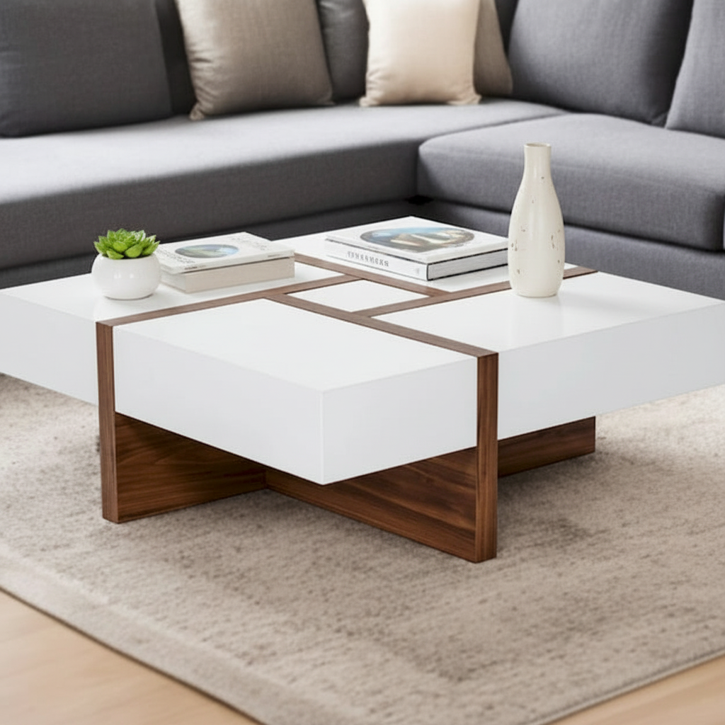 Table basse carrée laquée blanc et noyer avec 4 tiroirs à fermeture amortie – 99 cm L