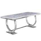 Table de salle à manger rectangulaire avec plateau en similicuir marbre argent/noir/blanc et piétement en U en acier inoxydable – 6 places, 183 cm L