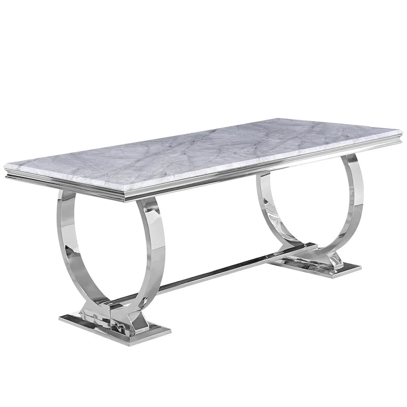 Table de salle à manger rectangulaire avec plateau en similicuir marbre argent/noir/blanc et piétement en U en acier inoxydable – 6 places, 183 cm L