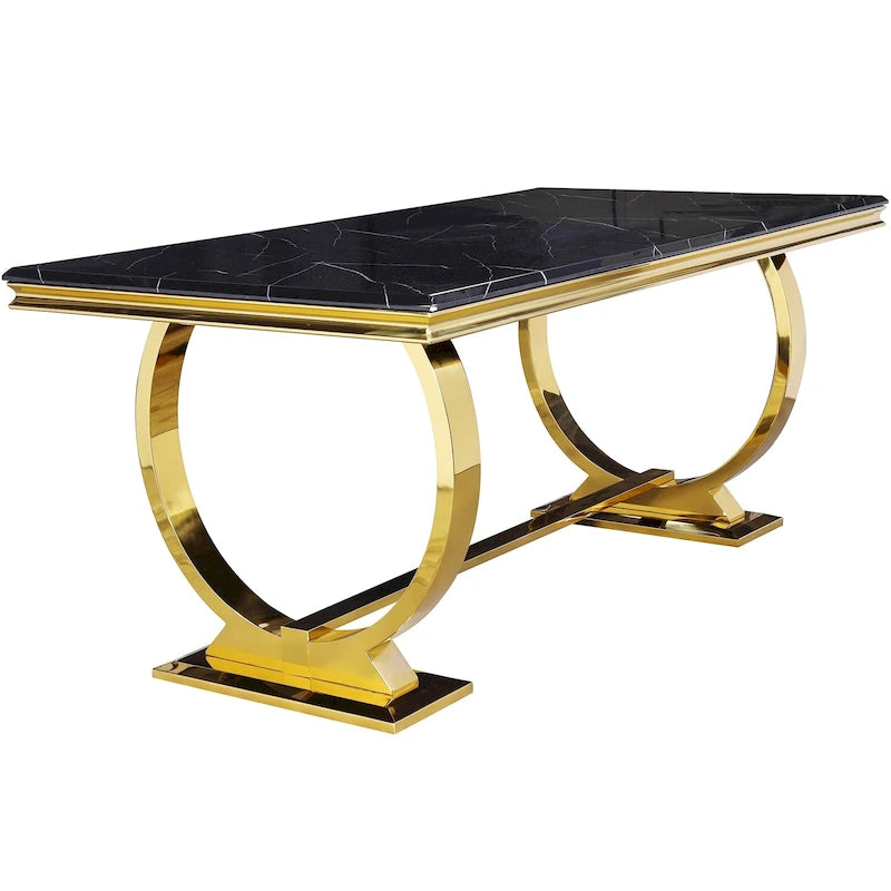 Table de salle à manger rectangulaire avec plateau en similicuir marbre argent/noir/blanc et piétement en U en acier inoxydable – 6 places, 183 cm L