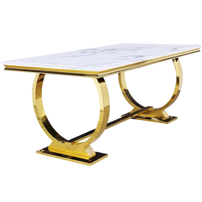 Table de salle à manger rectangulaire avec plateau en similicuir marbre argent/noir/blanc et piétement en U en acier inoxydable – 6 places, 183 cm L