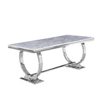Table de salle à manger rectangulaire avec plateau en similicuir marbre argent/noir/blanc et piétement en U en acier inoxydable – 6 places, 183 cm L