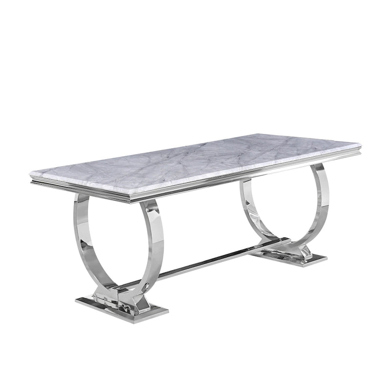 Table de salle à manger rectangulaire avec plateau en similicuir marbre argent/noir/blanc et piétement en U en acier inoxydable – 6 places, 183 cm L