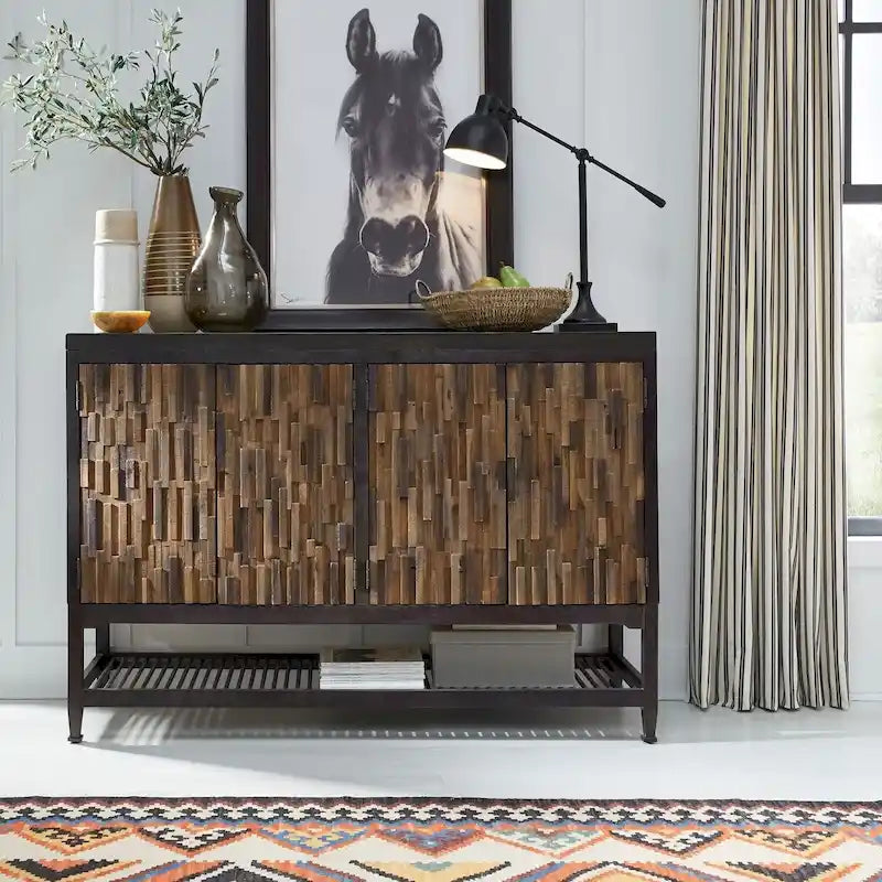 Dessertier 4 portes à finition tableau noir avec façade en mosaïque de bois et plateau en billot – 60.5" L
