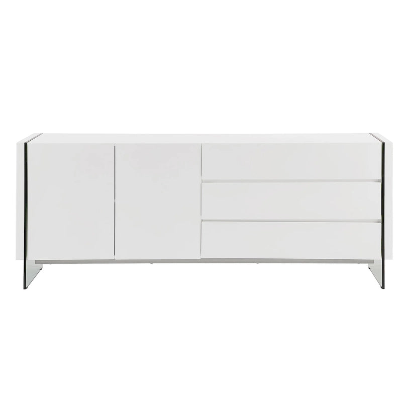 Bahut laqué haute brillance blanc/marron avec portes en verre transparent et 3 tiroirs – 152,4 cm l