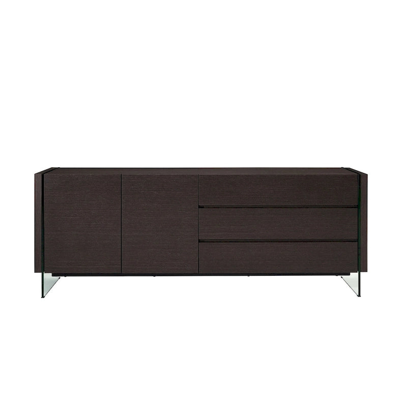 Bahut laqué haute brillance blanc/marron avec portes en verre transparent et 3 tiroirs – 152,4 cm l