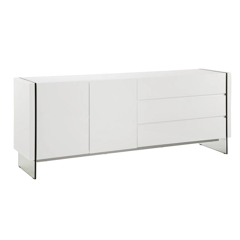 Bahut laqué haute brillance blanc/marron avec portes en verre transparent et 3 tiroirs – 152,4 cm l