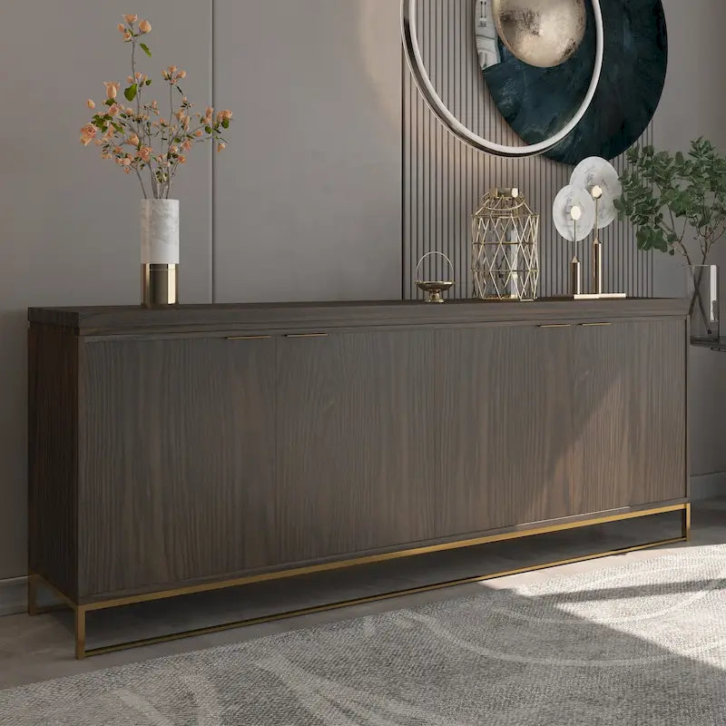 Buffet de salle à manger 4 portes marron/blanc avec motifs bois et pieds en métal doré