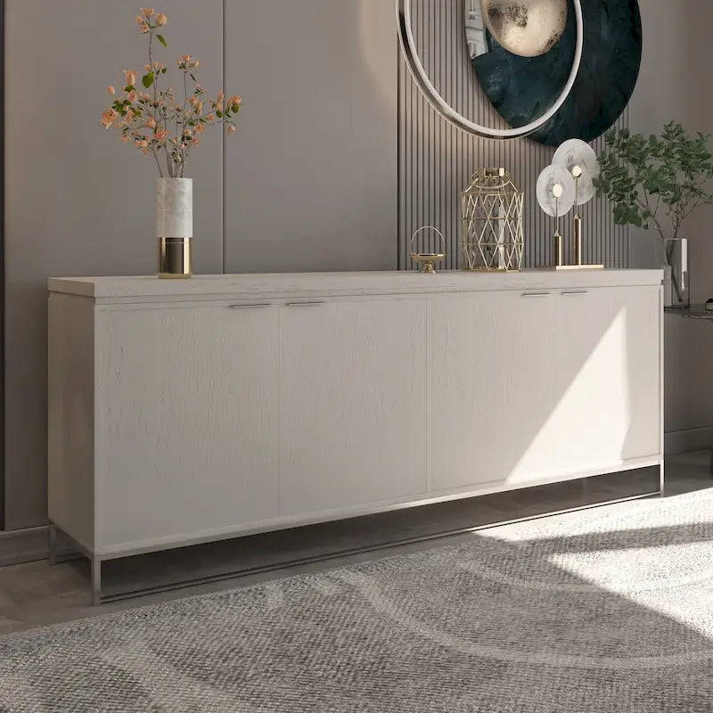 Buffet de salle à manger 4 portes marron/blanc avec motifs bois et pieds en métal doré