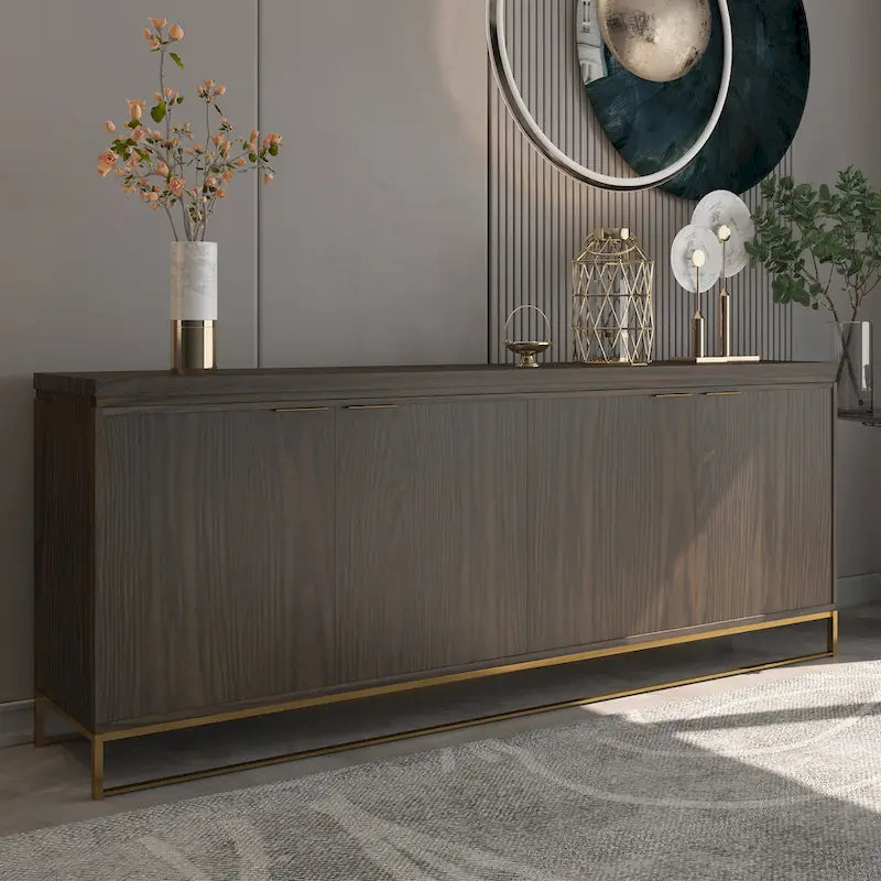 Buffet de salle à manger 4 portes marron/blanc avec motifs bois et pieds en métal doré