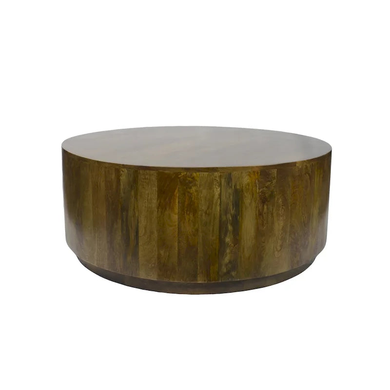 Table basse ronde en bois de manguier massif, coloris blanc vieilli / naturel, en orme – 107 cm de diamètre