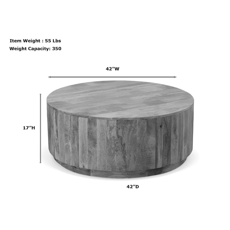 Table basse ronde en bois de manguier massif, coloris blanc vieilli / naturel, en orme – 107 cm de diamètre