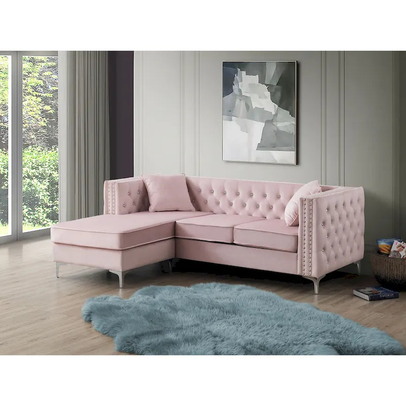 Canapé sectionnel capitonné en velours noir / rose / gris / ivoire / bordeaux / bleu avec méridienne réversible – 3-4 places, 87" de large