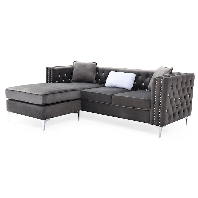 Canapé sectionnel capitonné en velours noir / rose / gris / ivoire / bordeaux / bleu avec méridienne réversible – 3-4 places, 87" de large