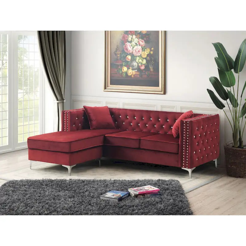 Canapé sectionnel capitonné en velours noir / rose / gris / ivoire / bordeaux / bleu avec méridienne réversible – 3-4 places, 87" de large
