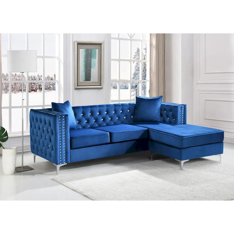 Canapé sectionnel capitonné en velours noir / rose / gris / ivoire / bordeaux / bleu avec méridienne réversible – 3-4 places, 87" de large