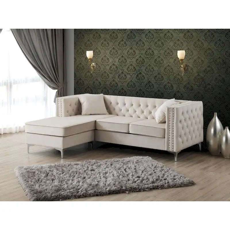 Canapé sectionnel capitonné en velours noir / rose / gris / ivoire / bordeaux / bleu avec méridienne réversible – 3-4 places, 87" de large