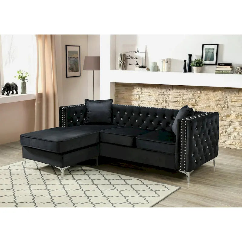 Canapé sectionnel capitonné en velours noir / rose / gris / ivoire / bordeaux / bleu avec méridienne réversible – 3-4 places, 87" de large