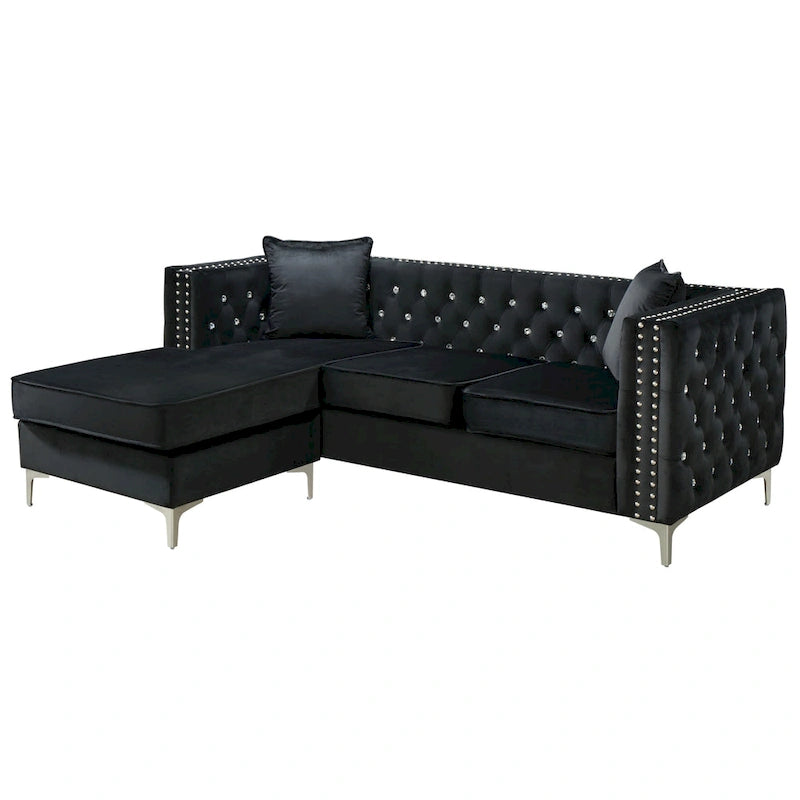 Canapé sectionnel capitonné en velours noir / rose / gris / ivoire / bordeaux / bleu avec méridienne réversible – 3-4 places, 87" de large